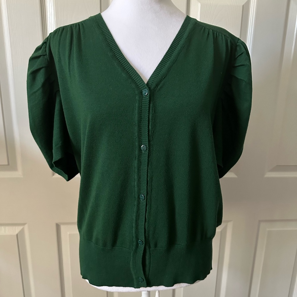 Belle Poque Knit Sweater, buttons, puffed sleeves, dark green, Large